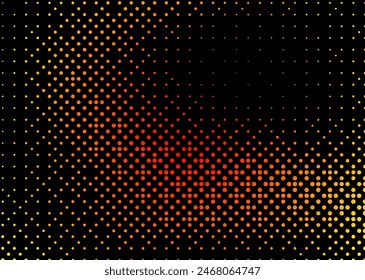 Halbtonstruktur mit gelben Punkten auf schwarzem Hintergrund. Minimalismus, Vektorgrafik. Hintergrund für Plakate, Websites, Visitenkarten, Postkartendesign