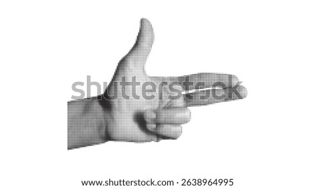 Halftone textured hand gesture making finger gun isolated on white background. Black and white dot collage element.