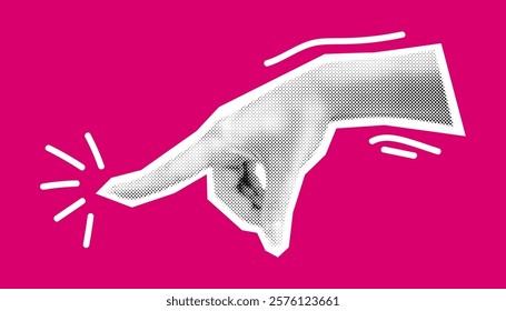 Halftone textured hand pointing index finger vector illustration. Clicking and showing direction non verbal sign of body language on magenta background