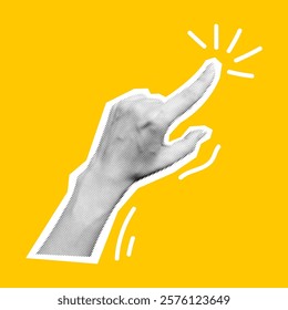 Halftone textured hand touching digital screen with index finger vector illustration. Interaction with touchscreen device on yellow background