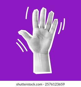 Halftone textured hand waving for Hello vector illustration. Expressing greetings and farewells through nonverbal sign on purple background