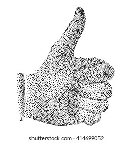 Halftone textured male thumb up isolated on white background. Vector dotted thumb up