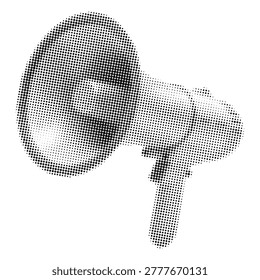 Halftone textured megaphone in retro pop art style. Black and white vintage dotted collage, loud speaker for announcement and protest. Isolated on transparent background. Vector.