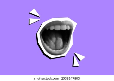 Halftone textured open mouth in a collage style with abstract triangles on purple background. Pop art screaming lips poster, expression punk design  illustration. Vector