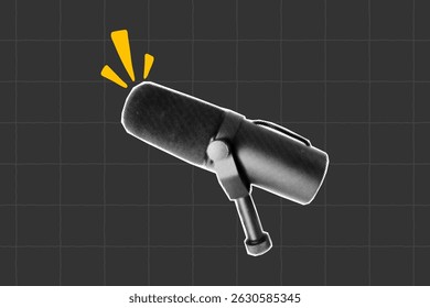 Halftone textured podcast microphone icon, sticker in grunge punk style. Cutout collage with mic, digital content symbol for blogs and streams.