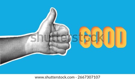 A halftone textured Thumb up hand sign symbol of Positive feedback. Pop art Approve collage sticker, icon.