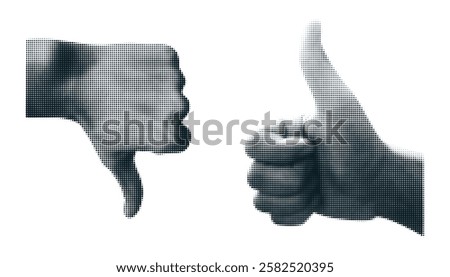 Halftone textured Thumbs-up, Thumbs-down hand gestures. Vintage collage sign Approve, Disapproval. Symbols for Positive, Negative feedback.