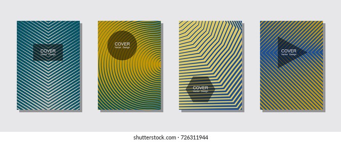 Halftone textures cover design template vector collection with lines, stripes. Corporate brochure, business brand book covers future trendy design with geometric shapes, halftone lines. Gold, blue.