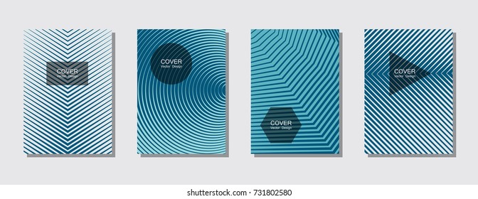 Halftone textures cover design template vector collection with lines, stripes. Corporate brochure, business brand book covers future trendy design with geometric shapes, halftone lines in blue.