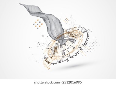 Vector temático de semitono con onda de estructura metálica. Fondo abstracto de Ciencia con puntos y líneas de conexión.