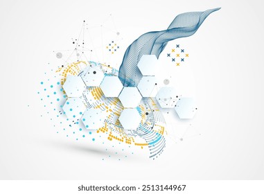 Halbton-Themenvektor mit Drahtgitterwelle. Wissenschaftlicher abstrakter Hintergrund mit verbindenden Punkten und Linien.