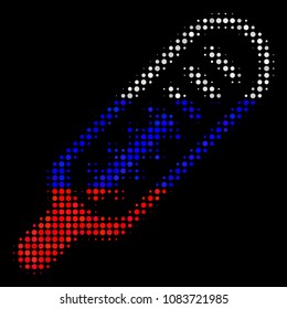 Halftone Thermometer pictogram colored in Russian official flag colors on a dark background. Vector composition of thermometer icon created of spheric blots.