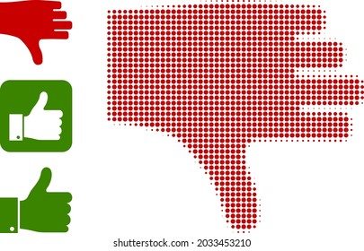 Halftone thumb down. Dotted thumb down generated with small circle elements. Vector illustration of thumb down icon on a white background. Halftone array contains circle points.