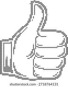 Icono de pulgar hacia arriba de medio tono hecho de Pequeños puntos negros sobre fondo blanco