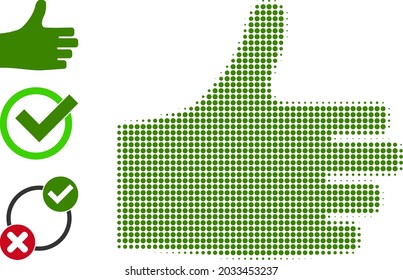 Halftone thumb up. Dotted thumb up generated with small circle dots. Vector illustration of thumb up icon on a white background. Halftone pattern contains round dots.