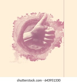 Halftone Thumbs Up Symbol And Circle Ink Blot. Engraved Style. Decorative Design Element. Vector Illustration