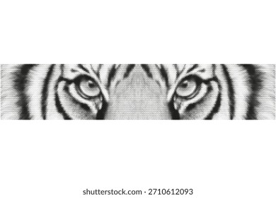 Halftone tiger face with intense gaze and bold stripes. Vintage pop art style, close-up composition, strong graphic contrast.