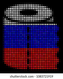 Halftone Toilet Paper Roll pictogram colored in Russian official flag colors on a dark background. Vector pattern of toilet paper roll icon constructed of round elements.