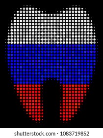 Halftone Tooth icon colored in Russian state flag colors on a dark background. Vector pattern of tooth icon composed of round spots. Designed for political and Russian patriotic posters.