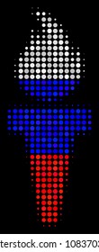 Halftone Torch Fire icon colored in Russian official flag colors on a dark background. Vector mosaic of torch fire icon constructed from spheric spots.