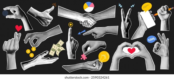 Halftone torn paper hands in various gesture, doodle collage element, arm sign or symbol, finger touch, mobile phone click or tap and y2k retro pop art comic sticker with business infographic icon.