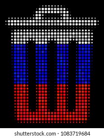 Halftone Trash Bin pictogram colored in Russia state flag colors on a dark background. Vector collage of trash bin icon created with spheric items.