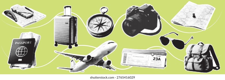 Halftone travel elements collection with airplane passport luggage camera ticket and accessories in pop art style vector illustration