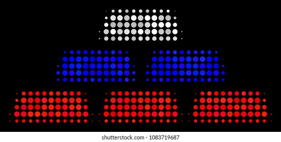 Halftone Treasure Bricks icon colored in Russia official flag colors on a dark background. Vector collage of treasure bricks icon composed with spheric blots.