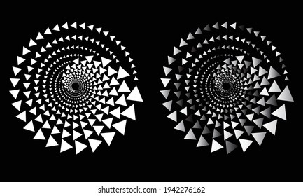 Halftone triangles in circle form. Round logo or icon. Vector dotted illustration as design element.