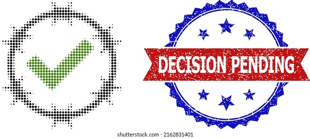 Halftone wahre Gefängnissymbol, und bicolor kratzte Entscheidung Pending Siegel. Halftone echte Gefängnissymbol ist mit kleinen Kreispunkten gemacht. Vektorrobbe mit korrodiertem bicfarbigem Stil,
