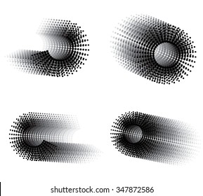 Halftone trunk. Black hole. Iron star. Halftone elements. Halftone set with objects in movement. Dots elements.
