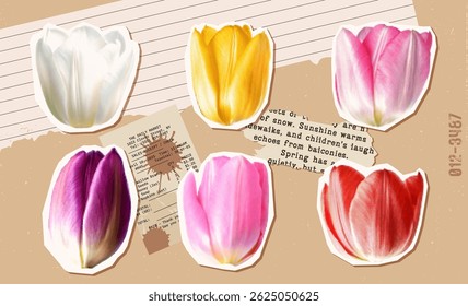 Cabeças de flores de tulipa de meio-tom em estilo de fotocópia retrô. Papel de sucata e elementos de texto rasgados. Perfeito para designs de mola, colagens florais, cartões de saudação, e moda vintage mídia mista.