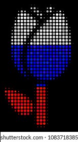 Halftone Tulip icon colored in Russian state flag colors on a dark background. Vector composition of tulip icon combined with circle elements. Designed for political and Russian patriotic agitation.