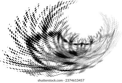 Halftone turbulent dotted or speckled radial symbol, logo, sign. Vector.