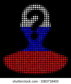 Halftone Unknown Person pictogram colored in Russia state flag colors on a dark background. Vector mosaic of unknown person icon constructed from spheric pixels.