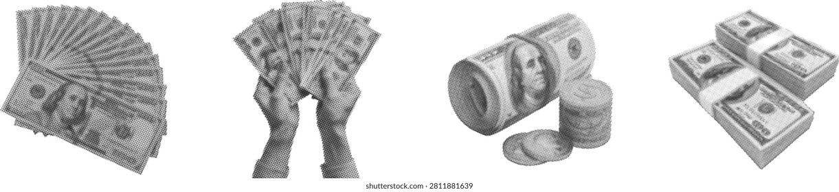Halftone US dollar cash collection featuring fanned banknotes, rolled bills, stacked bundles, and coins for finance, banking, and investment concepts. Retro comic texture adds bold style. Perfect for business, marketing, editorial, and vector illustrations.