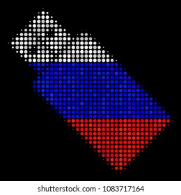 Halftone USB Flash Drive icon colored in Russia state flag colors on a dark background. Vector composition of USB flash drive icon composed from round pixels.