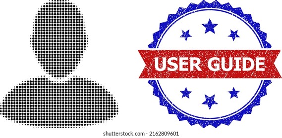 Halftone user icon, and bicolor dirty User Guide watermark. Halftone user icon is constructed with small spheric points. Vector watermark with unclean bicolored style,