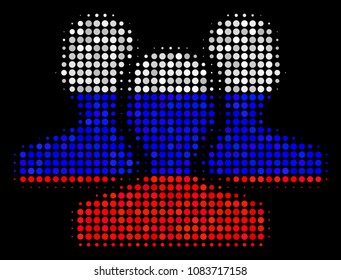 Halftone Users pictogram colored in Russia state flag colors on a dark background. Vector mosaic of users icon composed with spheric dots. Designed for political and Russian patriotic proclamations.