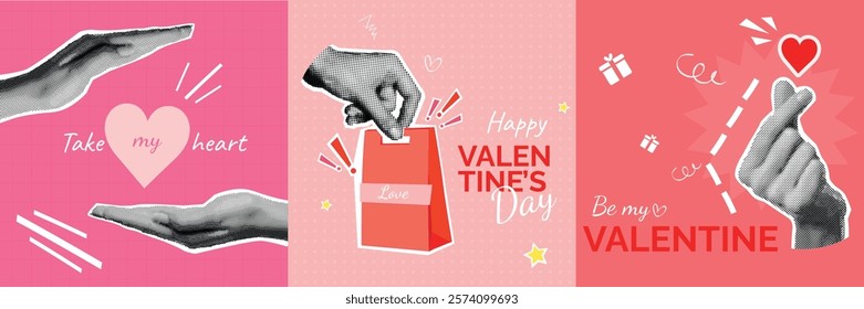 Halftone valentine cards. Lovers day greeting card set vintage paper collage, 14 february party abstract posters template realistic hands with heart shop bag vector illustration original artwork