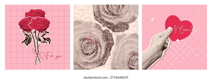 Collage de San Valentín de medio tono en colores rosados suaves: recortes románticos de papel vintage de rosas, ramo de flores y corazón de mano. Me encantan los gráficos temáticos de redes sociales con textura retro de fotocopia.