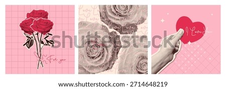 Halftone Valentine day collage in soft pink colors - romantic vintage paper cutouts of roses, flower bouquet and hand holding heart. Love themed social media graphics with retro photocopy texture.