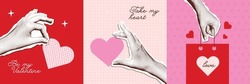 Halftone Valentines Day Collage Covers Set In Contemporary Mixed Media Style. Modern Vector Poster With Dotted Elements - Hands And Hearts. Concept Of Relationship, Love, Romance, Valentine Day.