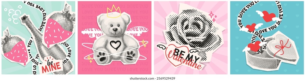 halftone valentine's day collage covers set, romantic card with cutout paper elements, love poster with dotted icons