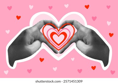 Halftone Valentines Day hand heart gesture. Fingers love sign. Trendy romance concept isolated collage element with hand drawn pink hearts. Perfect for social media or decoration. Vector illustration.