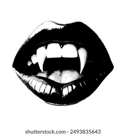 Halftone vampire teeth, lips. Vector drawing from dots, collage element, Halloween.