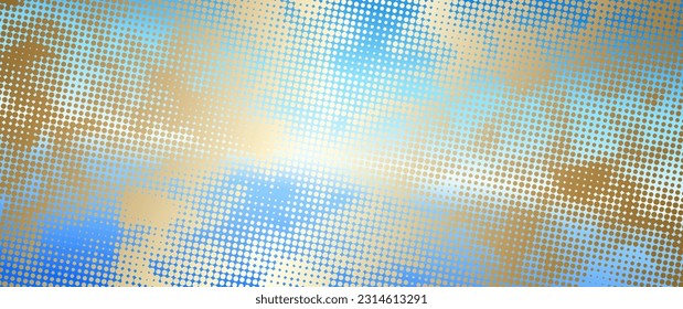 Halftone vector art background for cover design, poster, cover, banner, flyer. Modern illustration with a view of the planet from space.  Futuristic abstract backdrop with blue sky and gold dots.