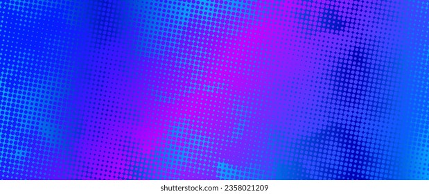 Halftone vector art background for cover design, poster, cover, banner, flyer and cards. Neon colored abstract design with blue and purple dots. Futuristic retro illustration.	