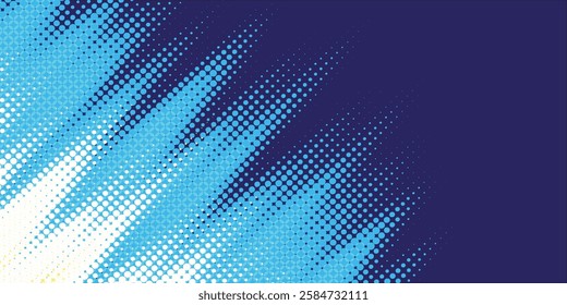 Halftone vector art background for cover design, poster, cover, banner, flyer and cards. Neon colored abstract design with blue and purple dots. Futuristic retro illustration.	