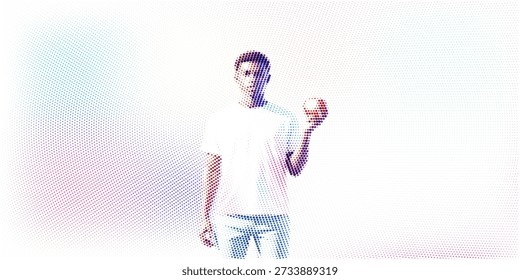 Un Arte vectorial de medio tono de un hombre joven en una camiseta blanca que sostiene una manzana roja mientras mira al espectador, establecido en un fondo blanco con estilo degradado punteado rosa y azul, sentimiento vibrante.